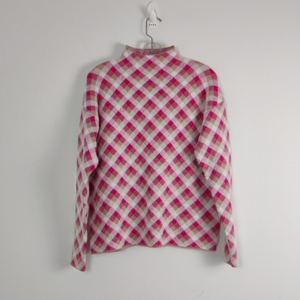 Tahari Women's Textured Pink Check Mock Neck Sweater, Size Large NEW